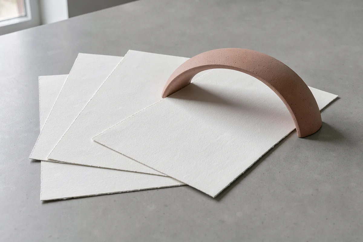 Layered porcelain-white paper and a single rose-clay ceramic curve in soft window light.