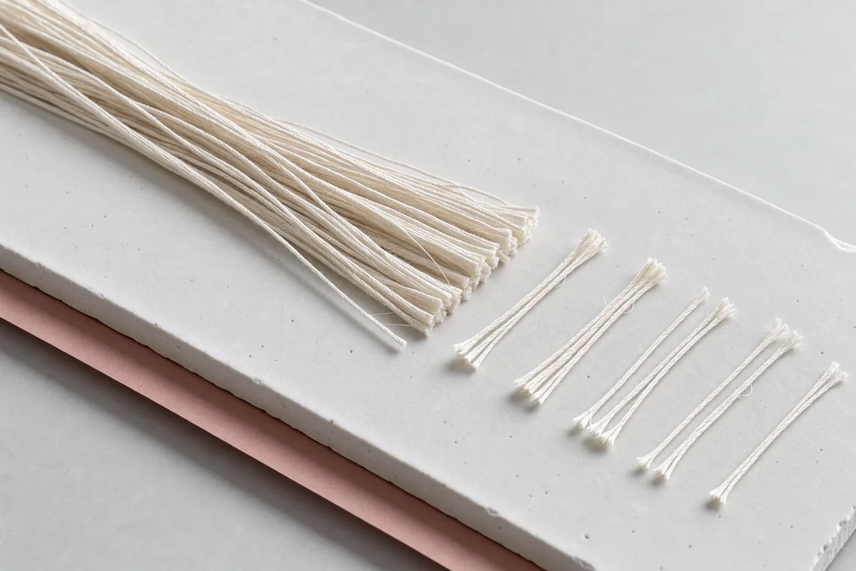 Long ivory threads separate into small soft fragments across a white porcelain slab.