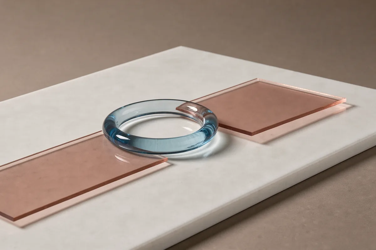 A pale blue glass loop rests between rose-tinted translucent sheets.