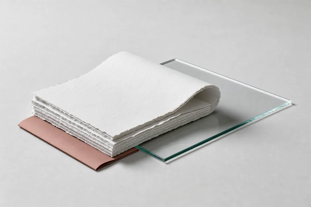 A neat stack of blank deckle-edged papers sits beside clear unmarked glass on porcelain.