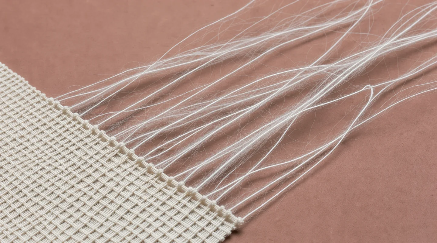 Translucent ivory fibres cross a fine rose-tinted textile on a cool white surface.