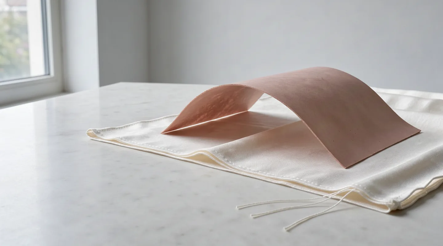 A translucent rose sheet curves above a softly folded porcelain-white textile.