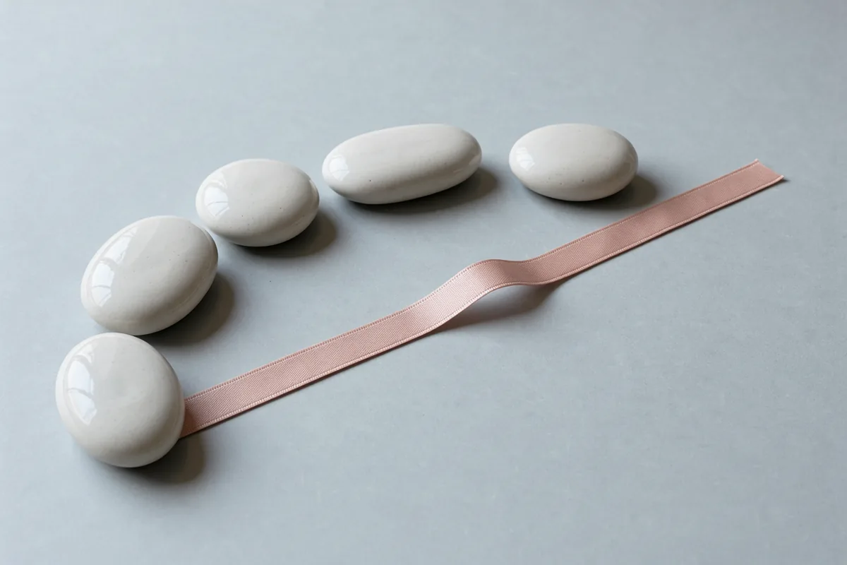 Five rounded porcelain pieces form a loose curve beside a blush ribbon.