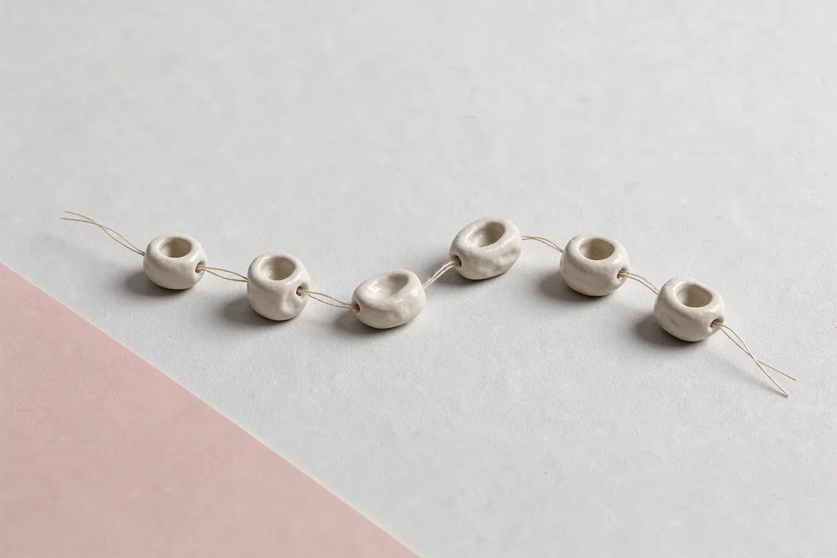 A small arrangement of pale ceramic beads joined by fine natural thread.