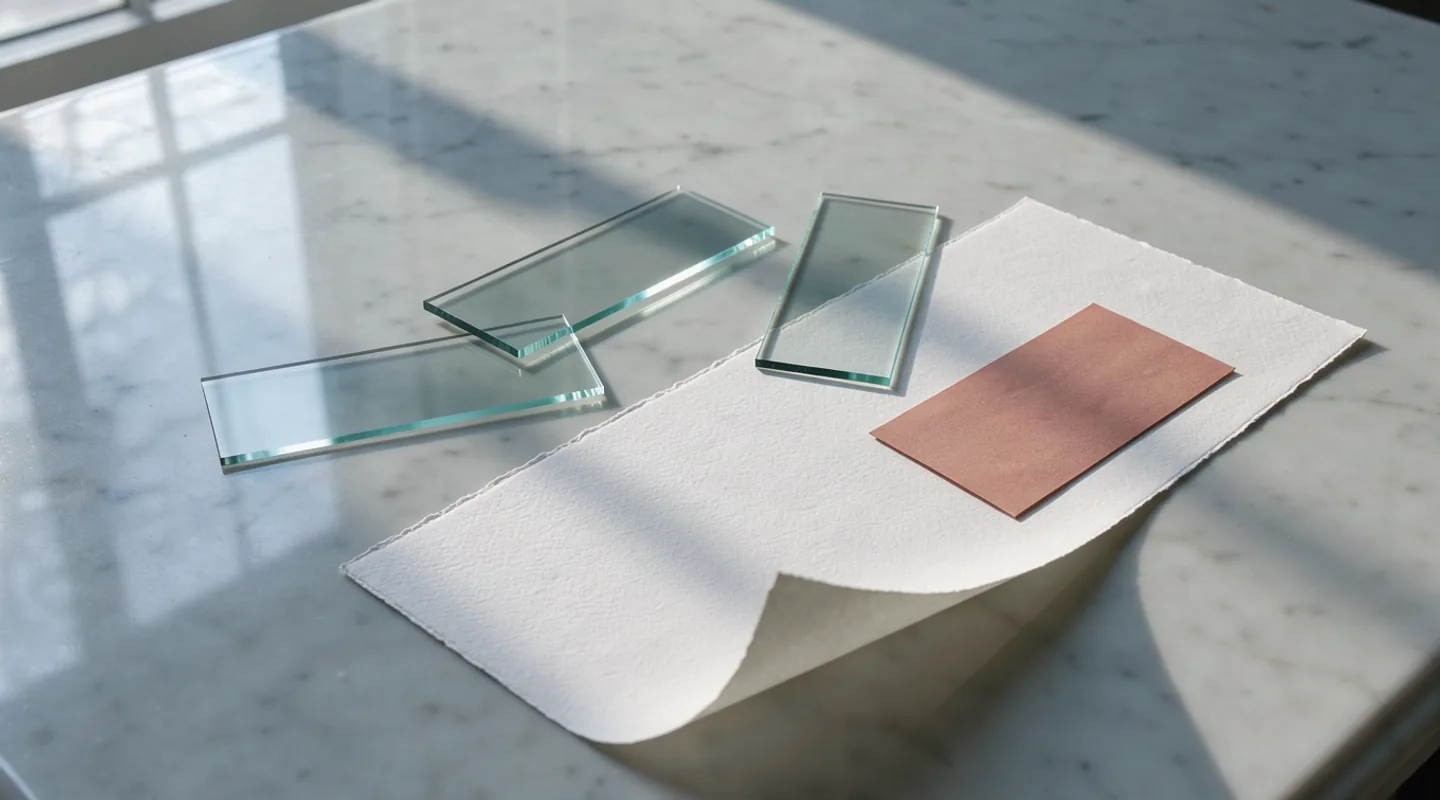 Unmarked translucent glass slides and blank white paper are arranged in angled window light.