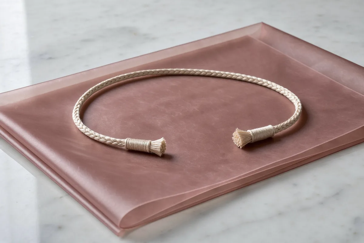 The softly looped ends of an ivory cord rest on a folded translucent rose sheet.